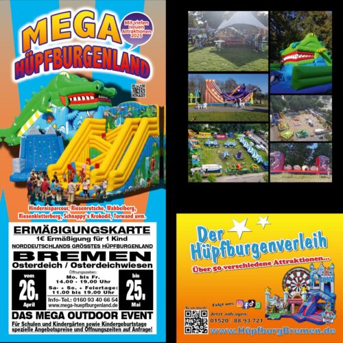 Mega Hüpfburgenland Poster mit Springburgen und Eventinformationen in Bremen am 26.-28. Mai.