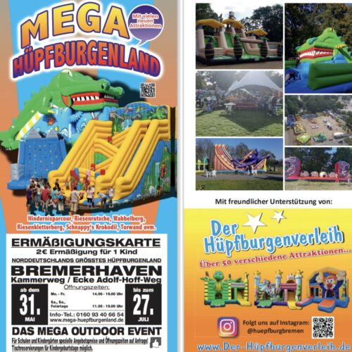 Plakat eines Hüpfburgevents mit bunten Burgen und fröhlichen Kindern beim Spielen.