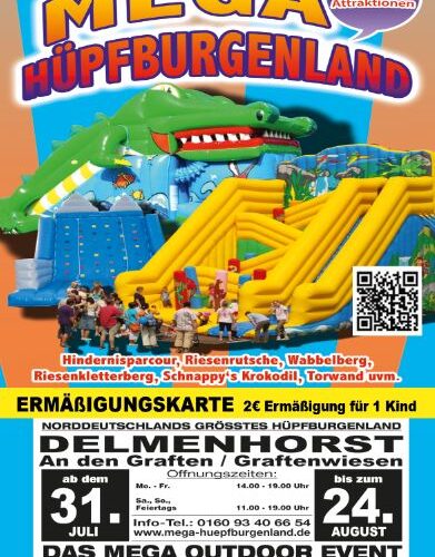 Poster zu Mega Hüpfburgenland mit bunten Hüpfburgen und Veranstaltungsterminen im Vordergrund.