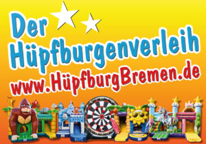 Bunte Hüpfburgen mit verschiedenen Motiven und fröhlicher, einladender Gestaltung