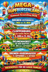Bunte  Hüpfburgenlandschaft  mit  fröhlichen  Kindern  und  farbenfrohen  Attraktionen