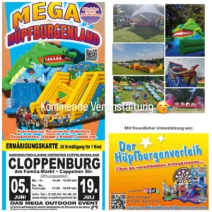 Buntes Plakat mit lachendem Krokodil auf Hüpfburg und Eventfotos in Grün Gelb Blau