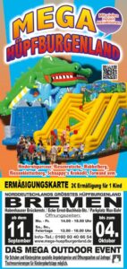 Buntes Werbeplakat fuer das Mega Huepfburgenland in Bremen mit Krokodilrutsche